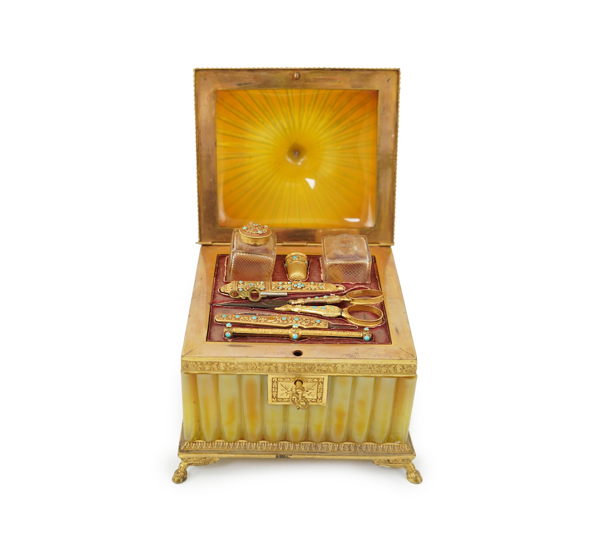 A mid 19th century French opaline glass necessaire box with turquoise and gold mounted accessories